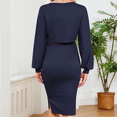 Maternity Crew Neck Lantern Sleeve Top with Adjustable Inner Waistband Skirt Set