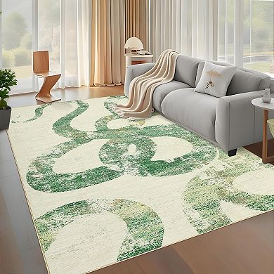 Abstract Machine Washable Non Slip Rug, Soft Low Pile Modern Snake Print Indoor Carpet