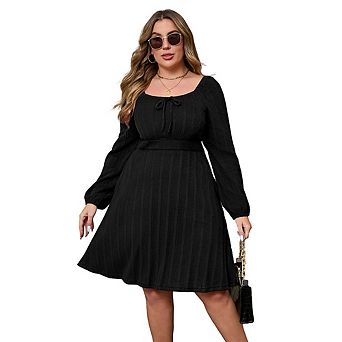 Womens Plus Size Sweater Knit Dress Square Neck Long Sleeves Tie Front Casual Midi Dress with Pocket