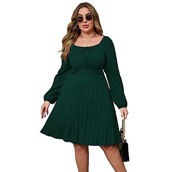 Womens Plus Size Sweater Knit Dress Square Neck Long Sleeves Tie Front Casual Midi Dress with Pocket