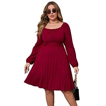Womens Plus Size Sweater Knit Dress Square Neck Long Sleeves Tie Front Casual Midi Dress with Pocket