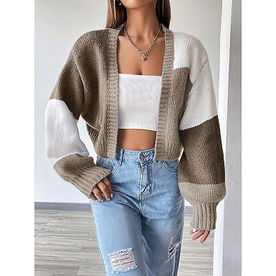 Womens Open Front Sweater Color Block Long Sleeve Cardigan Fall Knit Coat