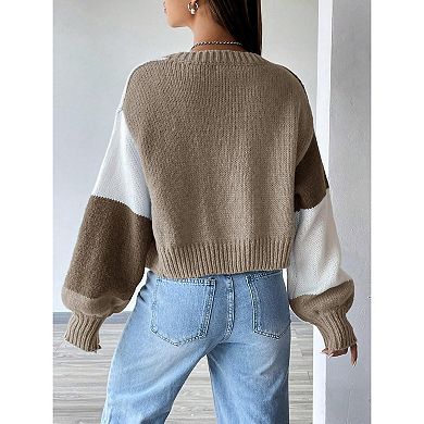 Womens Open Front Sweater Color Block Long Sleeve Cardigan Fall Knit Coat
