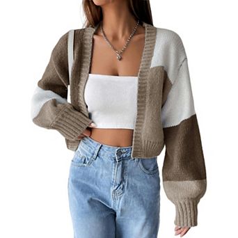 Womens Open Front Sweater Color Block Long Sleeve Cardigan Fall Knit Coat