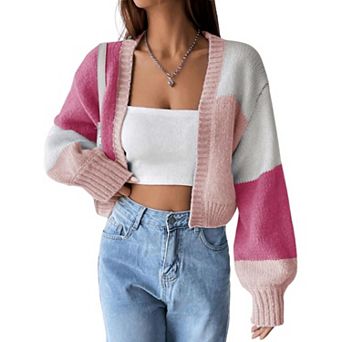 Womens Open Front Sweater Color Block Long Sleeve Cardigan Fall Knit Coat