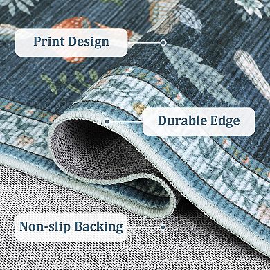 Insect Floral Area Rug Non-Slip Low Pile Washable Stain Resistant Foldable Carpet