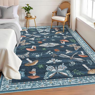 Insect Floral Area Rug Non-Slip Low Pile Washable Stain Resistant Foldable Carpet