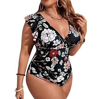 Women's Plus Size One Piece Swimsuit Floral Deep V Neck Ruffle Bathing Suit