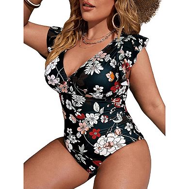 Women's Plus Size One Piece Swimsuit Floral Deep V Neck Ruffle Bathing Suit