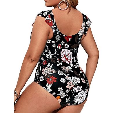 Women's Plus Size One Piece Swimsuit Floral Deep V Neck Ruffle Bathing Suit