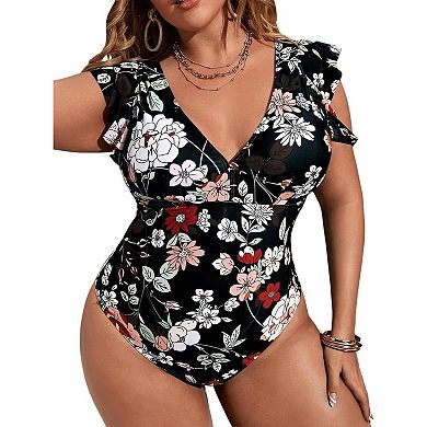 Women's Plus Size One Piece Swimsuit Floral Deep V Neck Ruffle Bathing Suit