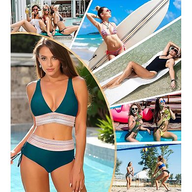 Womens High Waisted Bikini Sets Tummy Control Swimsuits Color Block Drawstring 2 PCS Bathing Suits