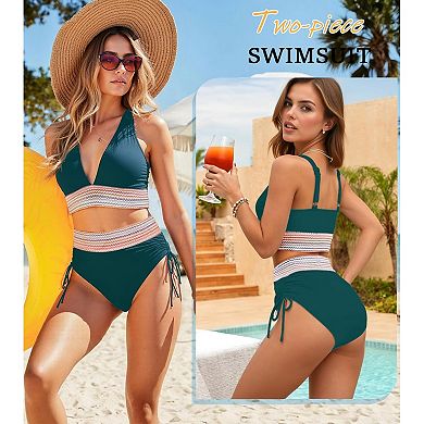 Womens High Waisted Bikini Sets Tummy Control Swimsuits Color Block Drawstring 2 PCS Bathing Suits