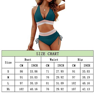 Womens High Waisted Bikini Sets Tummy Control Swimsuits Color Block Drawstring 2 PCS Bathing Suits