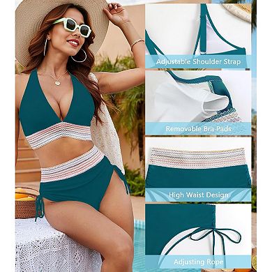 Womens High Waisted Bikini Sets Tummy Control Swimsuits Color Block Drawstring 2 PCS Bathing Suits