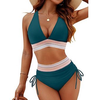 Womens High Waisted Bikini Sets Tummy Control Swimsuits Color Block Drawstring 2 pc Bathing Suits