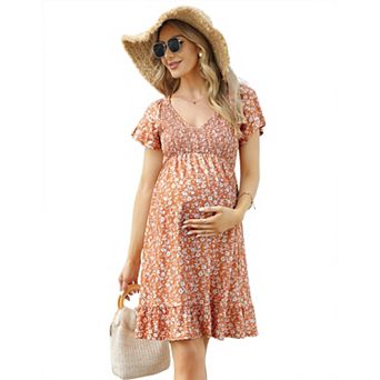 Women's Short Sleeve Midi Dress Smocked V Neck Summer Casual Maternity Dress Baby Shower Photoshoot