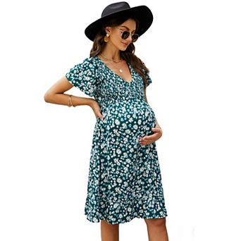 Women's Short Sleeve Midi Dress Smocked V Neck Summer Casual Maternity Dress Baby Shower Photoshoot