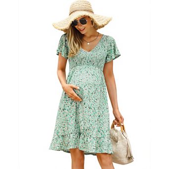 Women's Short Sleeve Midi Dress Smocked V Neck Summer Casual Maternity Dress Baby Shower Photoshoot