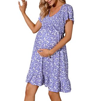Women's Short Sleeve Midi Dress Smocked V Neck Summer Casual Maternity Dress Baby Shower Photoshoot