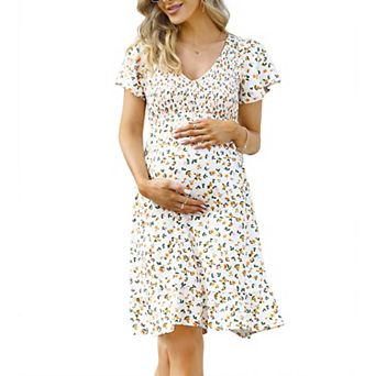 Women's Short Sleeve Midi Dress Smocked V Neck Summer Casual Maternity Dress Baby Shower Photoshoot