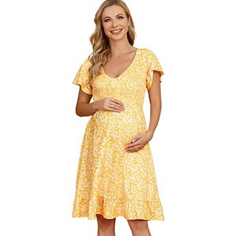 Women's Short Sleeve Midi Dress Smocked V Neck Summer Casual Maternity Dress Baby Shower Photoshoot