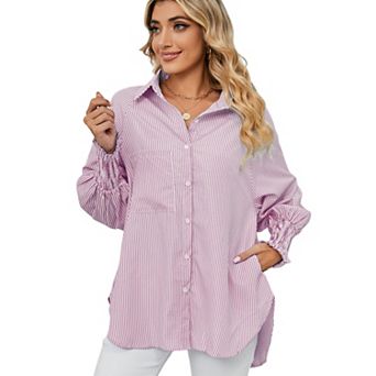 Women's Long Sleeve Shirt Soft Stripe Blouse Top Boyfriend Work Bishop Sleeve Button Down Shirts