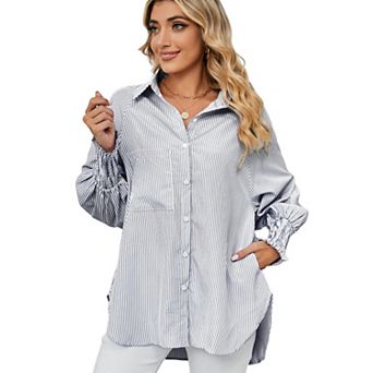 Women's Long Sleeve Shirt Soft Stripe Blouse Top Boyfriend Work Bishop Sleeve Button Down Shirts
