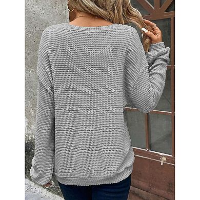 Womens Plus Size Long Sleeve Shirts Waffle Knit Tops Crewneck Drop Shoulder Loose Blouse
