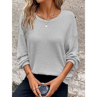 Womens Plus Size Long Sleeve Shirts Waffle Knit Tops Crewneck Drop Shoulder Loose Blouse