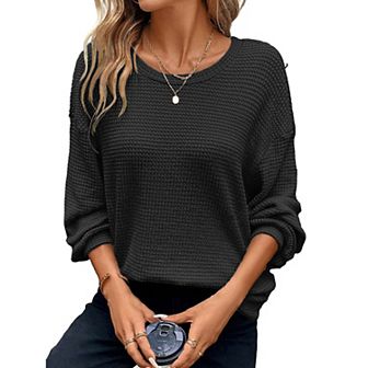 Womens Plus Size Long Sleeve Shirts Waffle Knit Tops Crewneck Drop Shoulder Loose Blouse