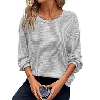 Womens Plus Size Long Sleeve Shirts Waffle Knit Tops Crewneck Drop Shoulder Loose Blouse