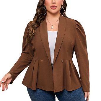 Women's Plus Size Peplum Casual Blazer Suit Jacket Long Sleeve Shawl Lapel Pleated Office Work