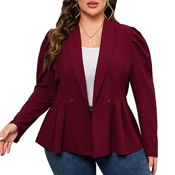 Women's Plus Size Peplum Casual Blazer Suit Jacket Long Sleeve Shawl Lapel Pleated Office Work