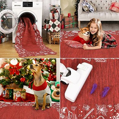 Christmas Machine Washable Rugs for Living Room Non Slip Scalloped Decorative Accent Carpet