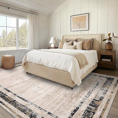 Borderd Machine Washable Non-Slip Rug for Living Room Non-Shedding Low Pile Carpet