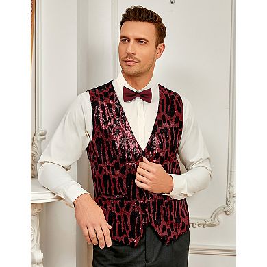 Men's Shiny Sequins Vest V-Neck Slim Fit Stylish Vest Waistcoat with Pockets for Party Dinner Prom