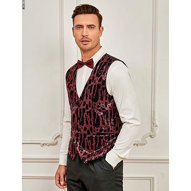 Men's Shiny Sequins Vest V-Neck Slim Fit Stylish Vest Waistcoat with Pockets for Party Dinner Prom
