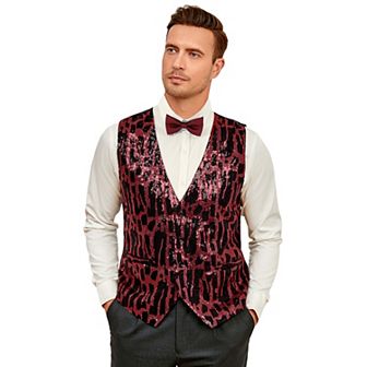 Men's Shiny Sequins Vest V-Neck Slim Fit Stylish Vest Waistcoat with Pockets for Party Dinner Prom