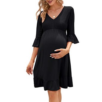 Womens Maternity Smocked 3/4 Sleeve Boho Dress V Neck Fall Casual Ruffle Midi Dress Baby Shower