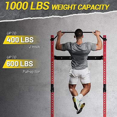 Folding squat frame with pull-up bar, J-shaped hook, space saving load-bearing cage