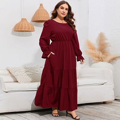 Womens Plus Size Round Neck Long Sleeve Empire Waist Pleated Hem Casual Boho  Maxi Dress with Pockets