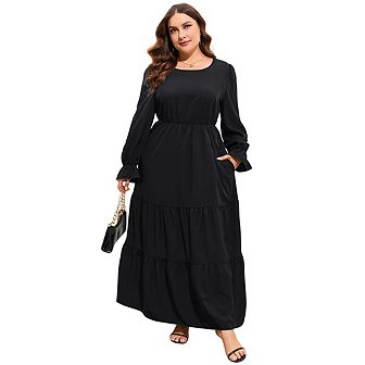 Womens Plus Size Round Neck Long Sleeve Empire Waist Pleated Hem Casual Boho Maxi Dress with Pockets