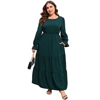 Womens Plus Size Round Neck Long Sleeve Empire Waist Pleated Hem Casual Boho Maxi Dress with Pockets
