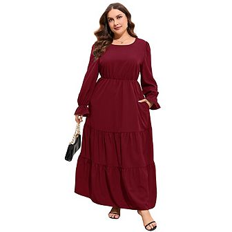 Womens Plus Size Round Neck Long Sleeve Empire Waist Pleated Hem Casual Boho Maxi Dress with Pockets