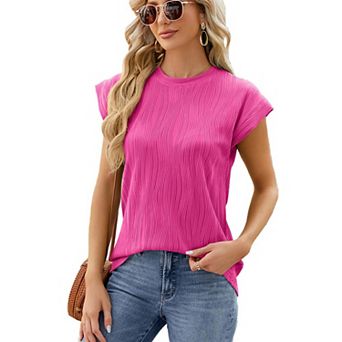 Womens Summer Tops Textured Crewneck Short Sleeve Loose Trendy Basic Tee Business Shirt Blouses