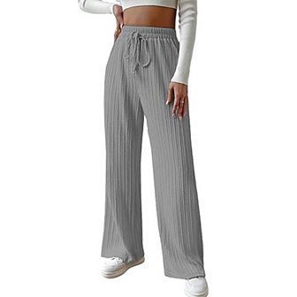 Women Wide Leg Knit Ribbed Lounge Pants Elastic Waist Straight Leg Sweatpants