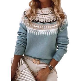 Women's Vintage Fair Isle Mock Neck Sweater Winter Oversized Long Sleeve Pullover Knitted Jumper