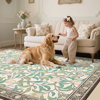 Farmhouse Botanical Machine Washable Rugs with Rubber Backing Low Pile Stain-Resistant Carpet