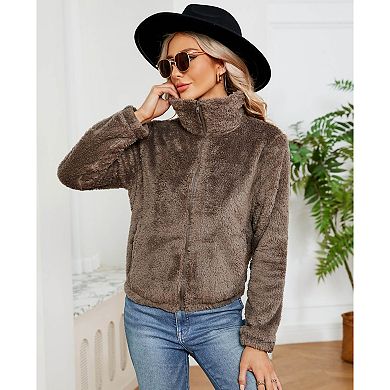 Women's Fleece Jackets Zip-Up Jacket Coats Long Sleeve Mock Neck Open Front Jacket with Pockets